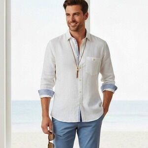 Ted Baker London Mens White Linen Cotton Button Up Shirt Size 5 Large Casual